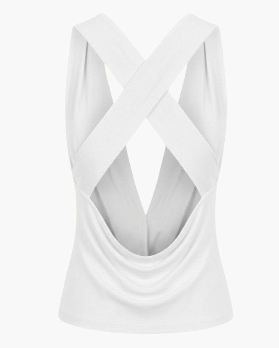 Product flat lay showing the back of the white sleeveless top, detailing the criss-cross straps and low open-back design.