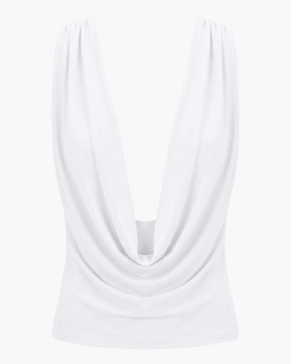 Flat lay of the white cowl neck blouse from the front, displaying the deep draped neckline and soft fabric texture.
