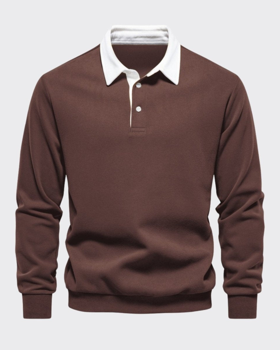 Product-only shot of the dark brown long sleeve polo sweater, laid flat to show the white collar, two-button placket, and knit texture.