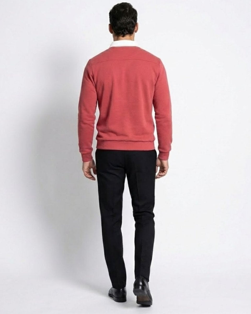 Back view of the Rhodes polo sweater in rosewood red, showing shoulder seam detail.
