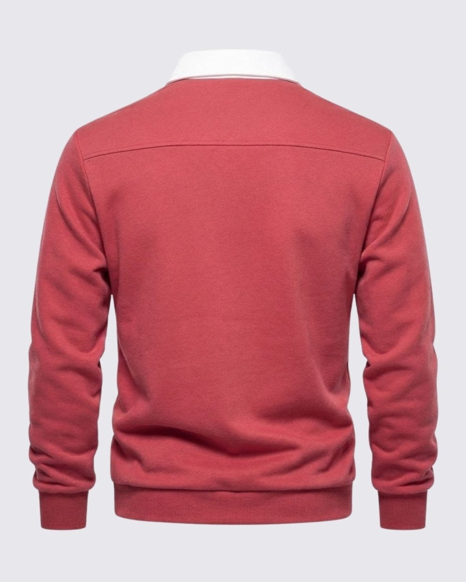 Back view flat lay of the Rhodes long sleeve polo sweater in rosewood red, showing yoke detailing.