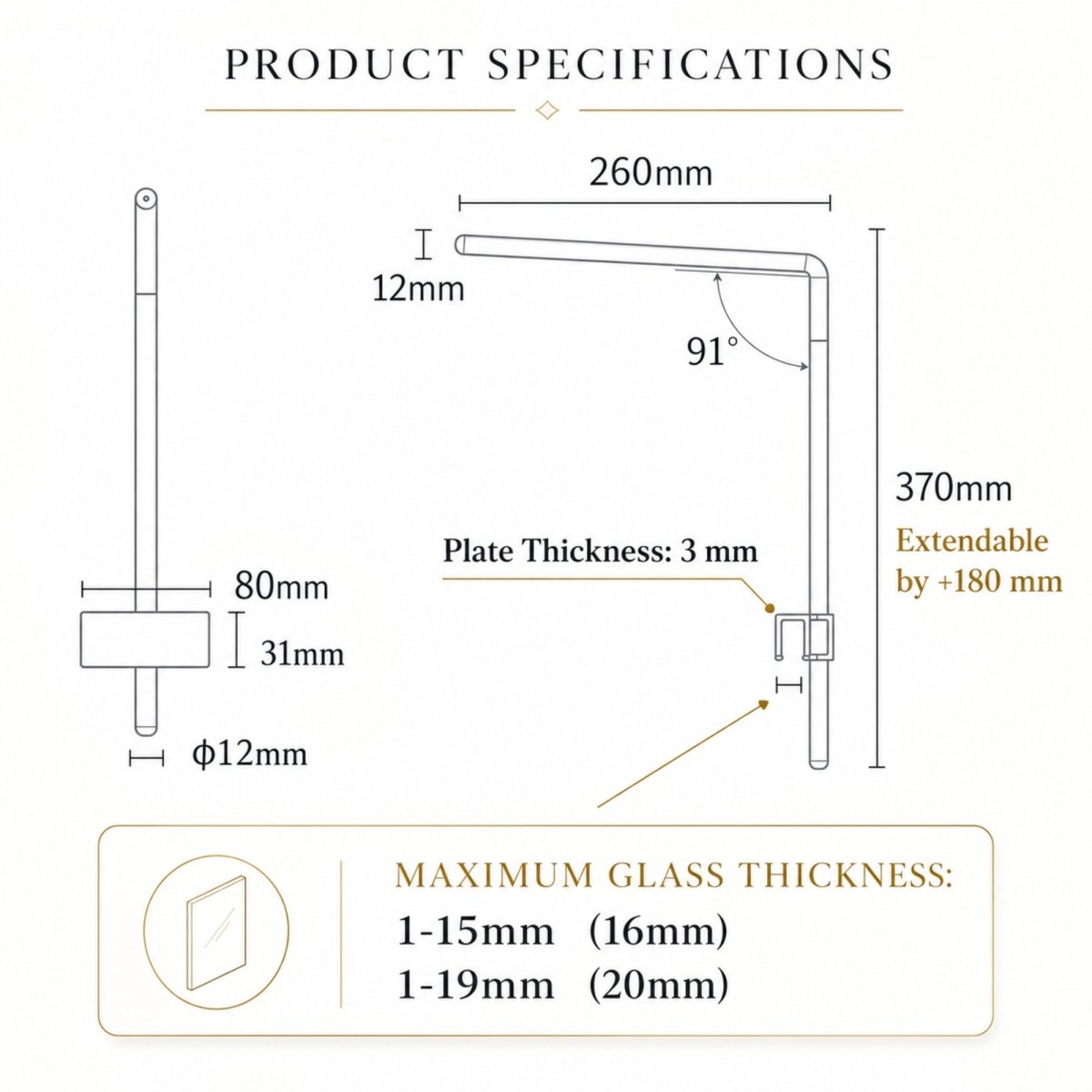 * Exact product dimensions showing Kouvr aquarium clamp compatibility for heavy duty rimless glass up to 20mm thick.
