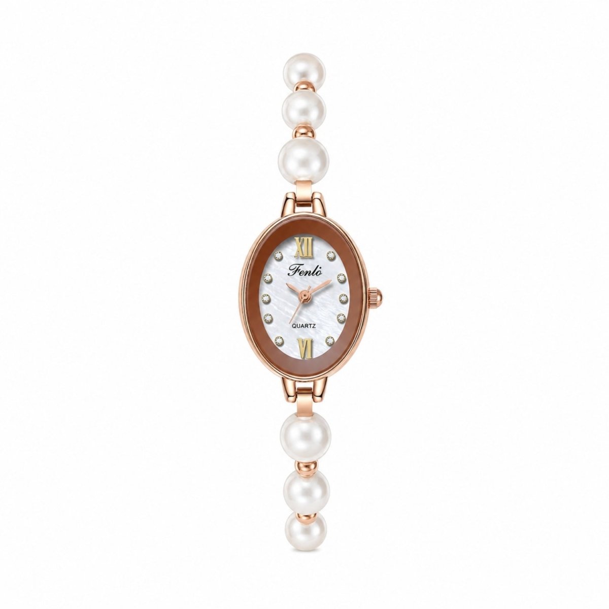 Studio shot on white background of the Kouvr women's dainty rose gold quartz watch featuring an oval face, brown bezel, and beaded pearl bracelet.