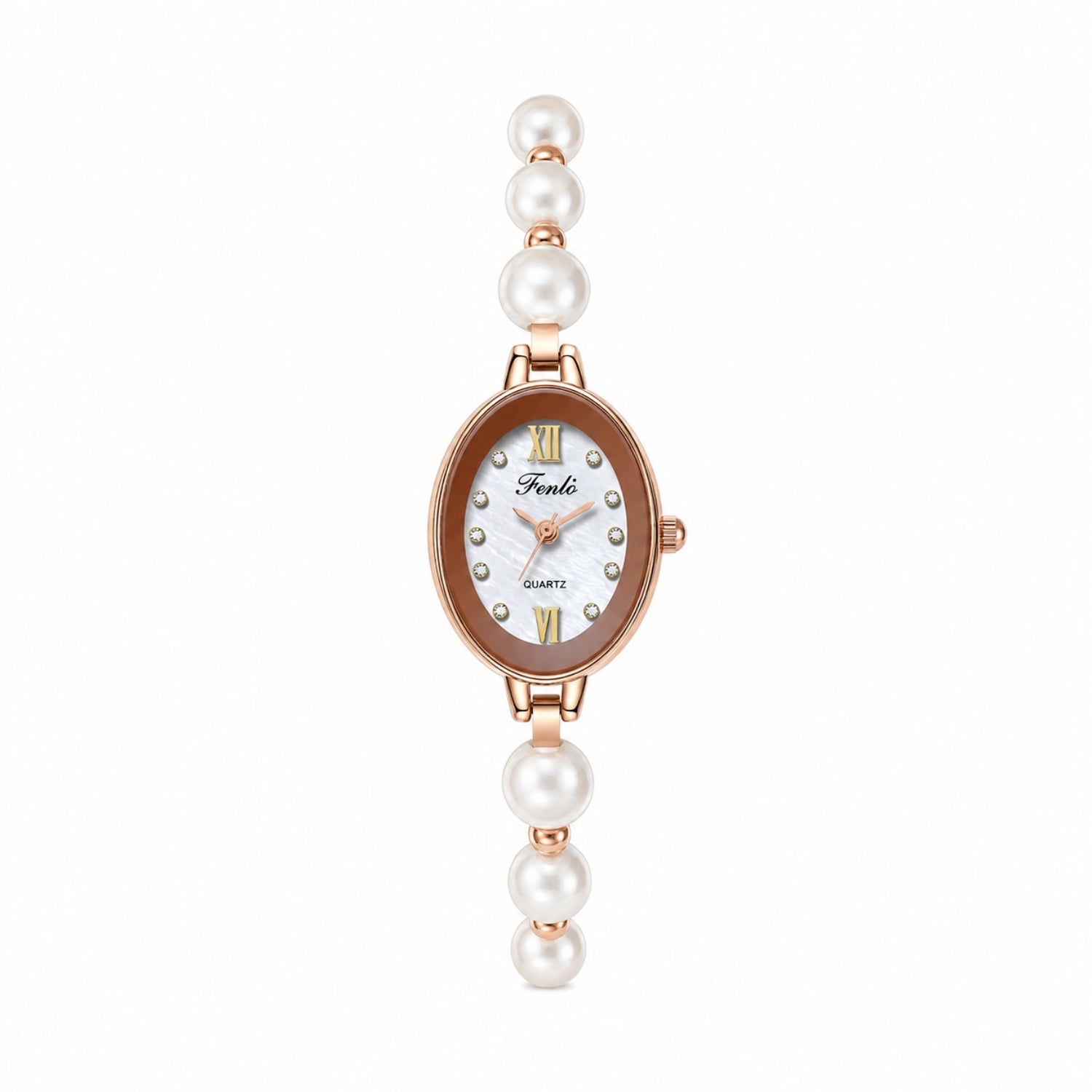 Studio shot on white background of the Kouvr women's dainty rose gold quartz watch featuring an oval face, brown bezel, and beaded pearl bracelet.