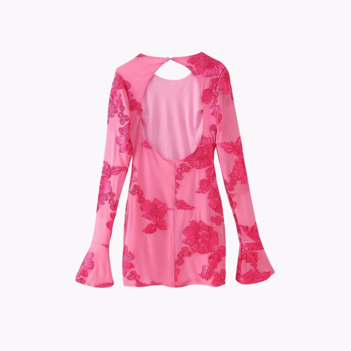 Flat lay back view showing the open back and button closure of the rose red floral dress by Fenlo Form.