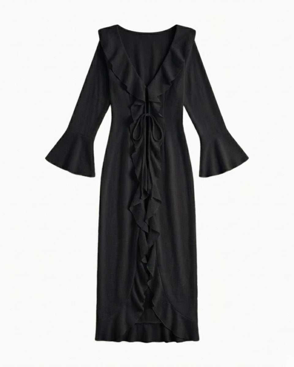 Flat lay of the black Roseta ruffle tie-front maxi robe, detailing the full cascade of ruffles.