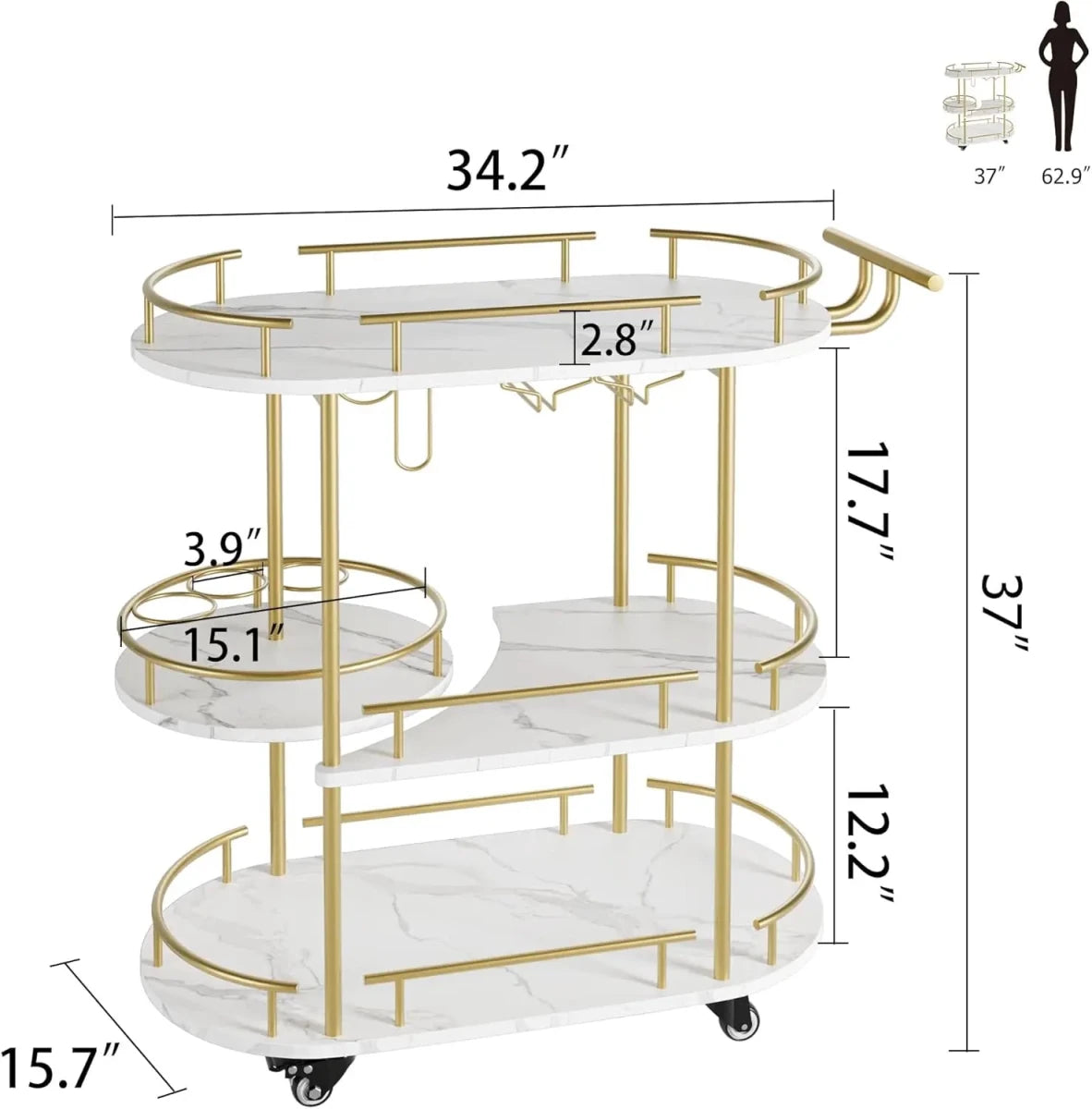 Demonstration of the 360-degree rotating middle shelf swinging out to expand serving space on the marble and gold cart.