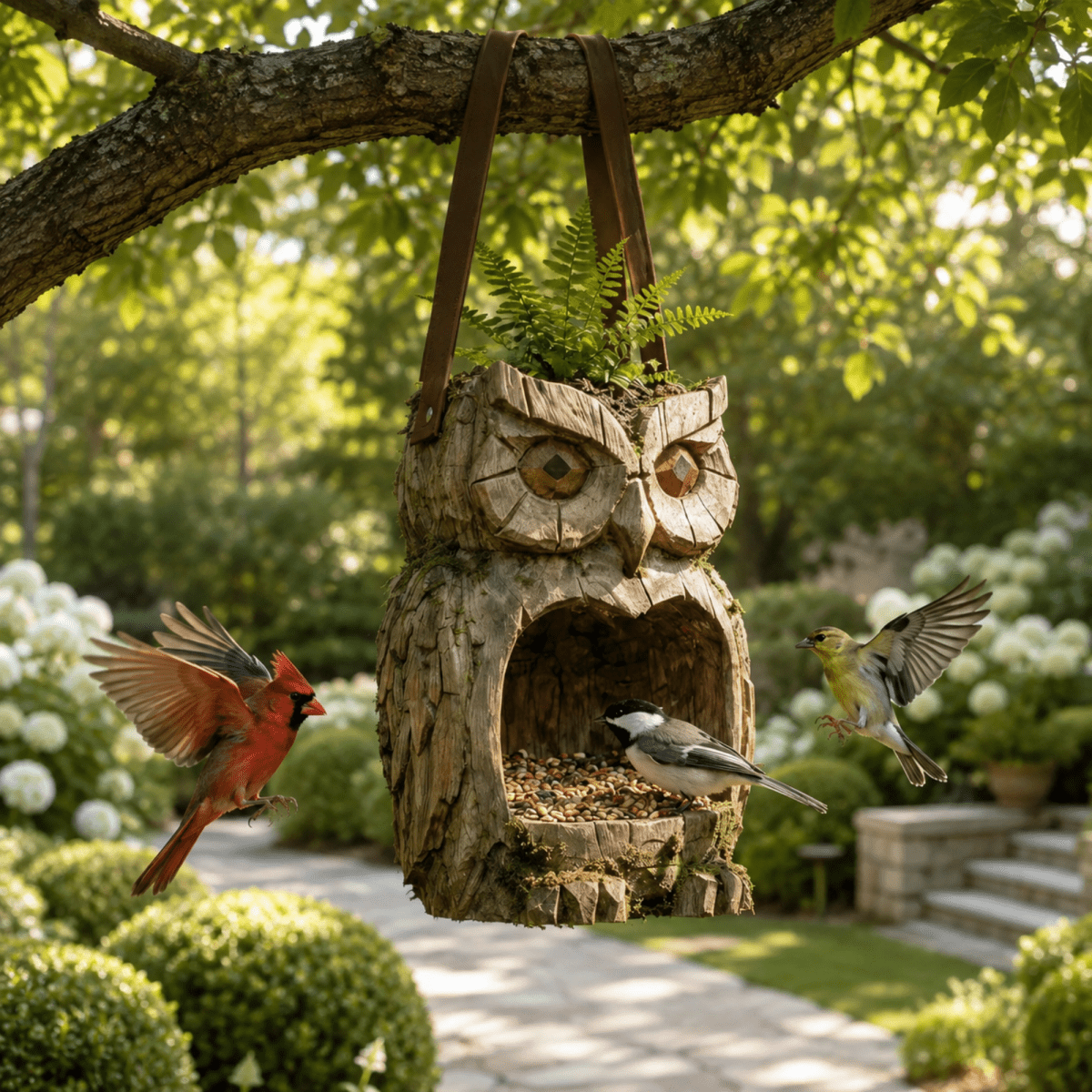 A wooden owl-shaped bird feeder hanging from a tree branch in a lush garden, with a cardinal flying in from the left, a chickadee perched on the feeder, and a yellow bird flying in from the right.