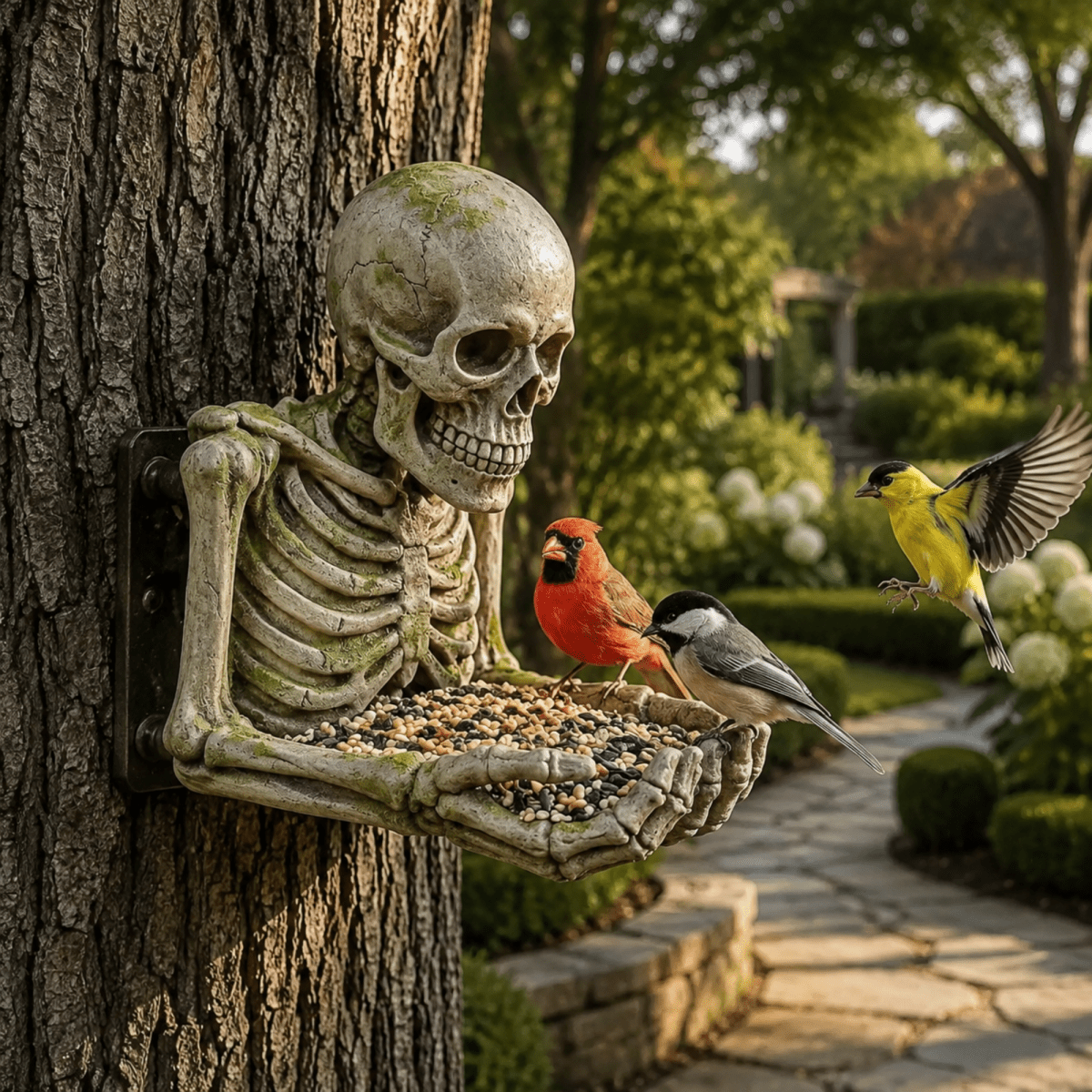 A decorative skeleton bird feeder mounted on a tree trunk, holding birdseed in its hands, with a red cardinal, a chickadee, and a yellow bird perched near it in a landscaped garden.