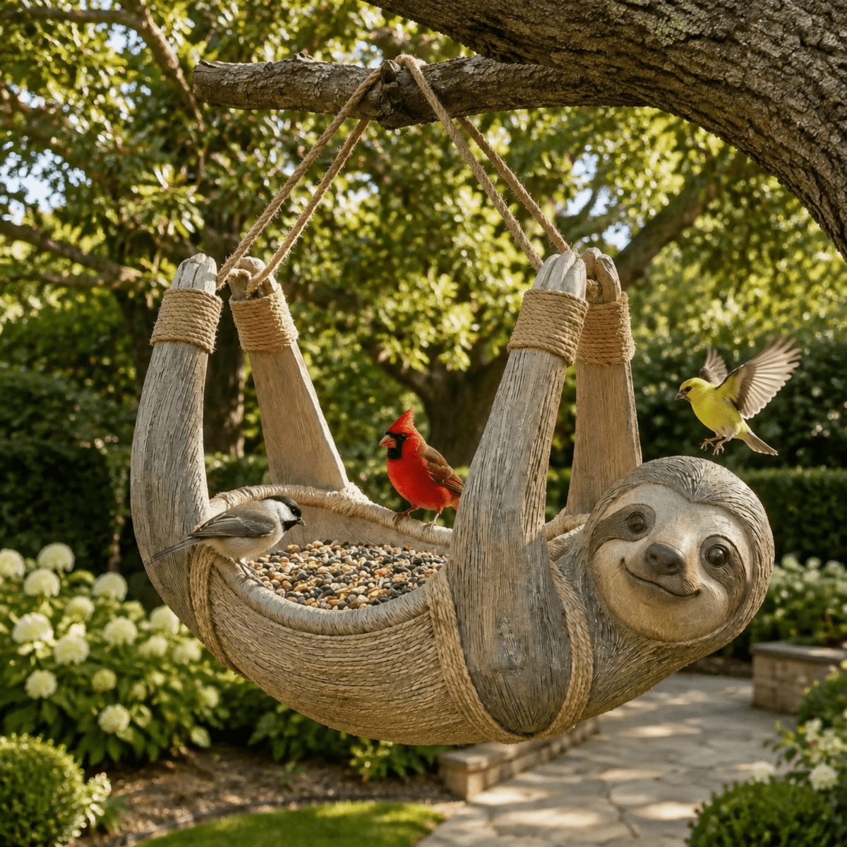 A sloth-shaped hanging bird feeder with a bowl of birdseed, suspended from a tree branch in a garden. A red cardinal, a yellow bird, and a small gray bird perch around the feeder.