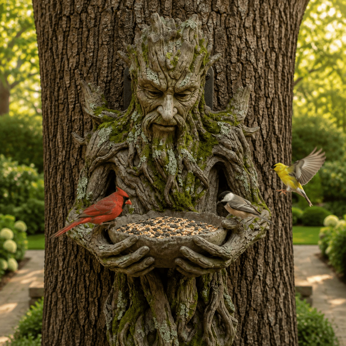 A tree-shaped bird feeder mounted on a large tree trunk in a garden, with a red cardinal perched on the left side of the feeder bowl, a small gray bird on the right, and a yellow bird flying in from the right. The background shows a blurred green garden.
