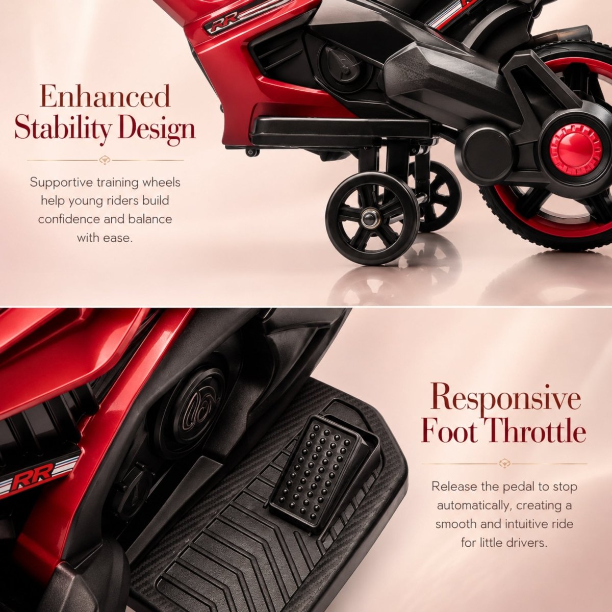 Enhanced stability design of kids motorcycle showing supportive training wheels and a responsive automatic stop foot throttle pedal.