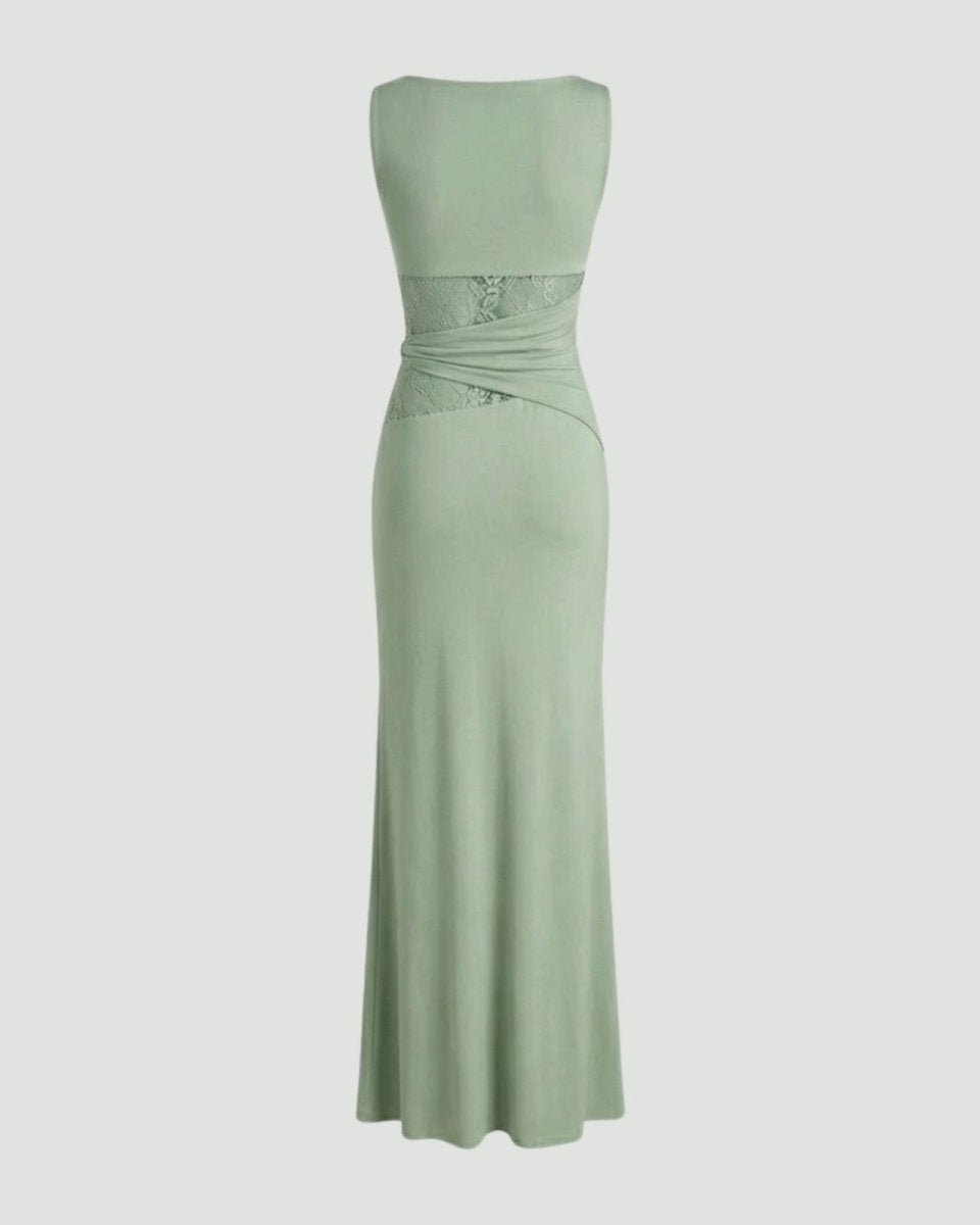 Product-only image of the sage green lace insert maxi dress on a light background, back view.