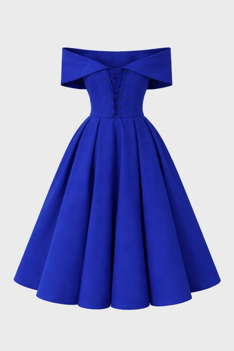 Back view of an empty sapphire blue corset back midi dress on a light grey background