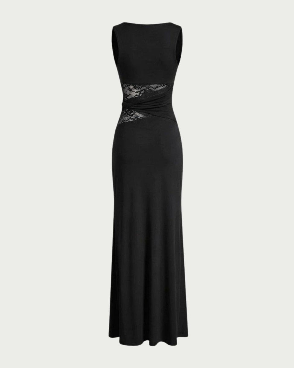 Flat lay of the back of the black sleeveless dress, showing the full length and vertical seam detail for a tailored fit.