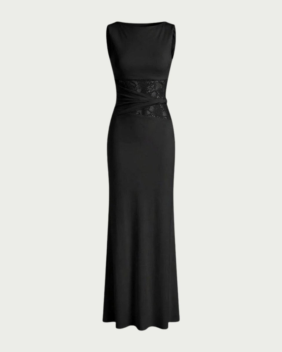Flat lay of the black midi dress, with a detailed view of the front construction, boat neckline, and the sheer mesh panel in the sculpted waist.