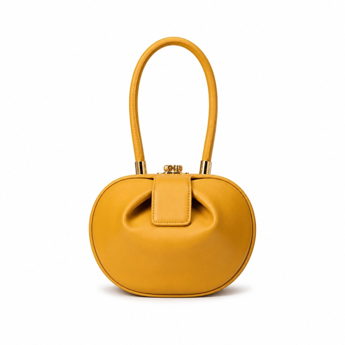 Front view of the sculptural top handle leather handbag in mustard yellow featuring a pleated design and gold clasp.