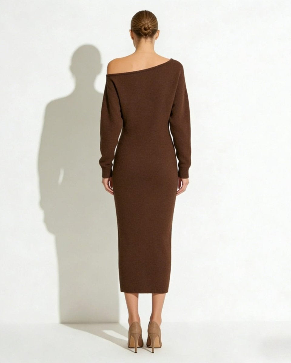 Back view of the Selena off-shoulder knit dress in a rich brown, displaying the seamless construction and clean lines.