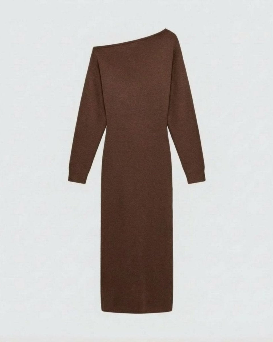 Flat lay of the brown asymmetrical long sleeve sweater dress, showcasing the soft knit texture and overall shape of the garment.