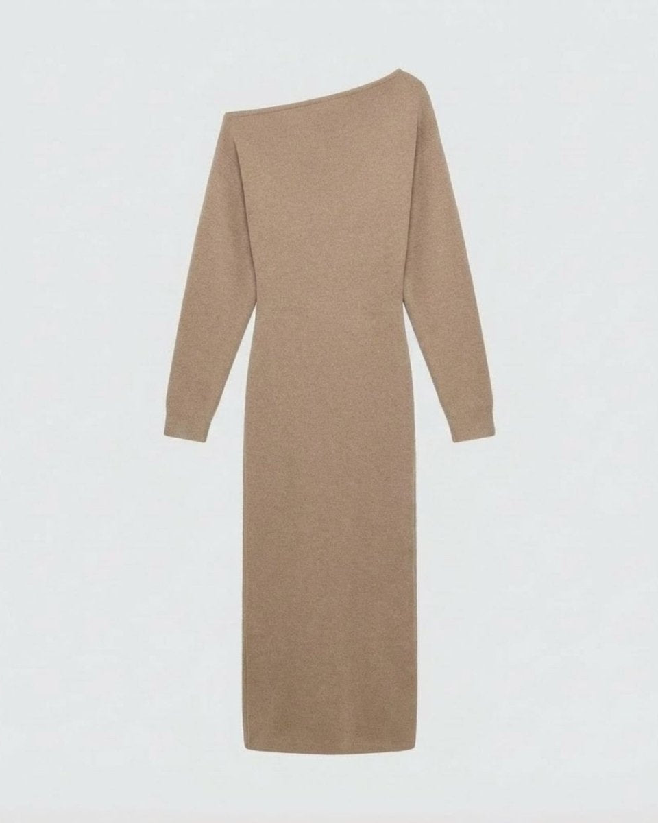 Flatlay product shot of the Selena one-shoulder long sleeve knit dress in camel, back.