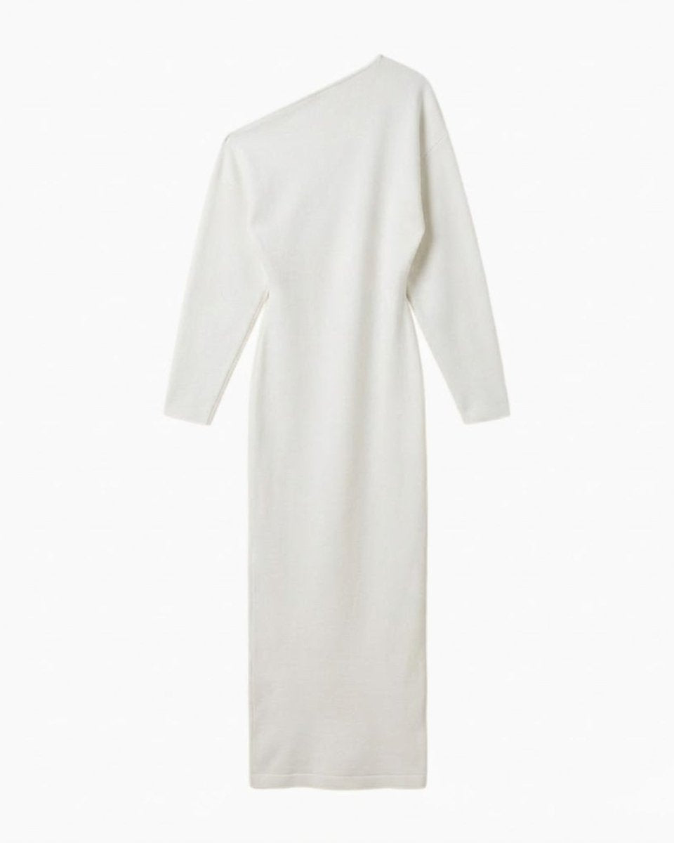 Flat lay product shot of the Selena one-shoulder white knit dress, back view.