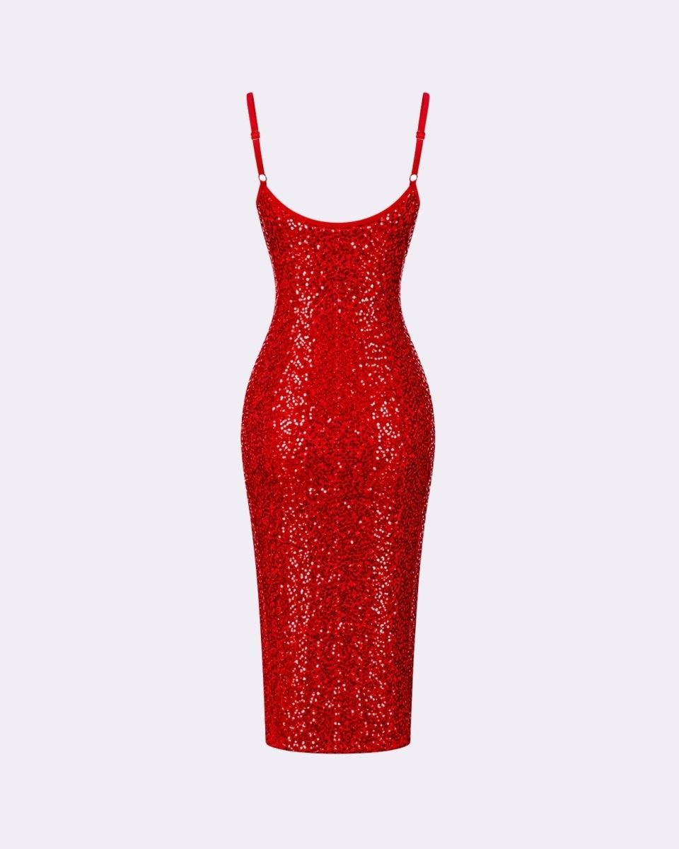 Flat lay back view of luxury sequin evening gown showing hidden zipper detail