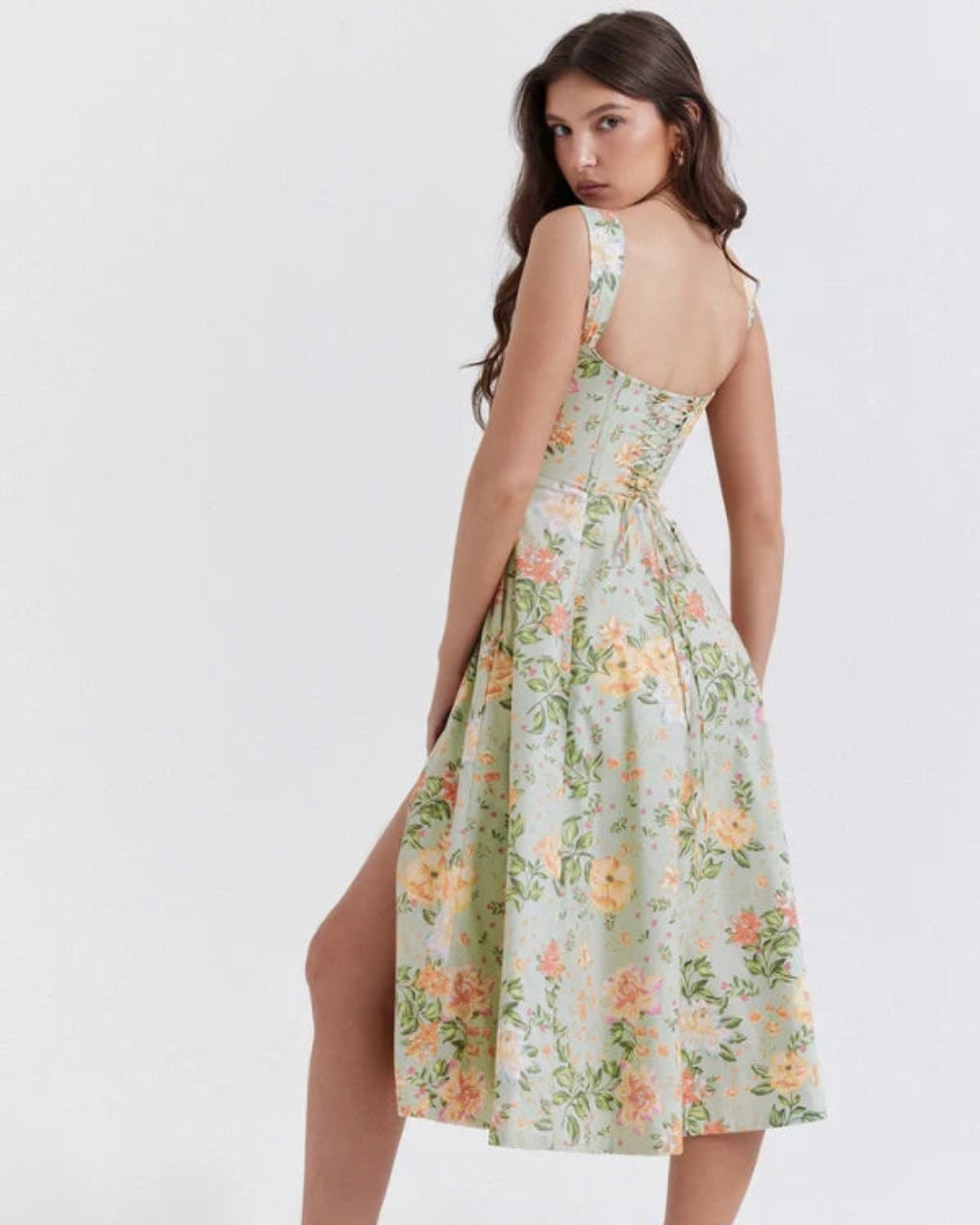 structured bodice," "A-line skirt," "square neckline," "lace-up back," "romantic silhouette," "occasion wear," "special event dress," and "feminine fit