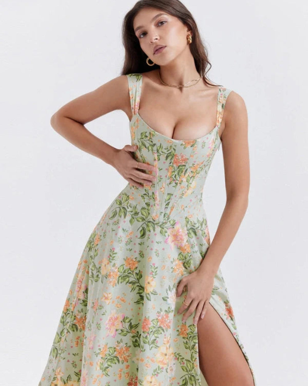 structured bodice," "A-line skirt," "square neckline," "lace-up back," "romantic silhouette," "occasion wear," "special event dress," and "feminine fit