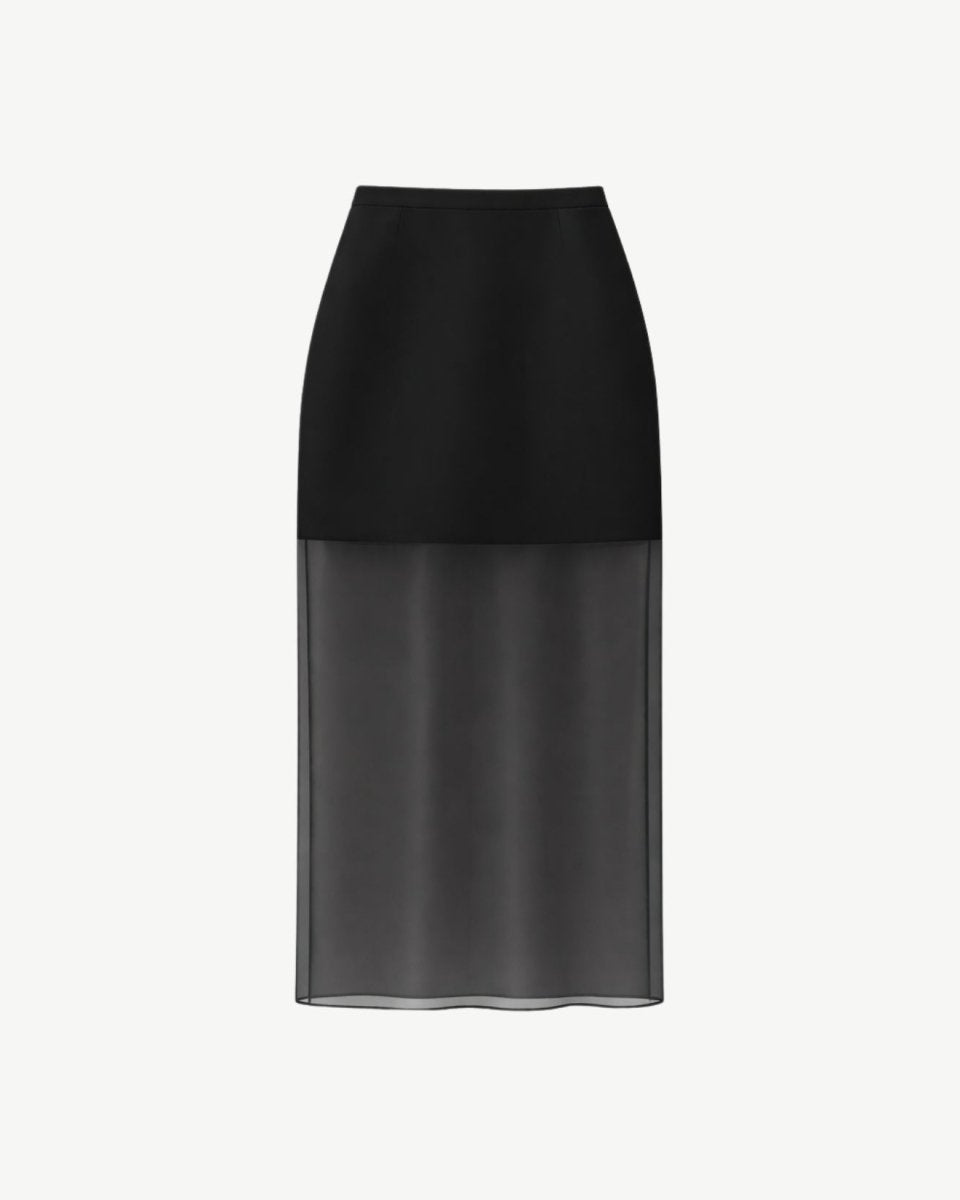 Ghost mannequin front view of structured black high waisted midi skirt featuring a sheer mesh lower half