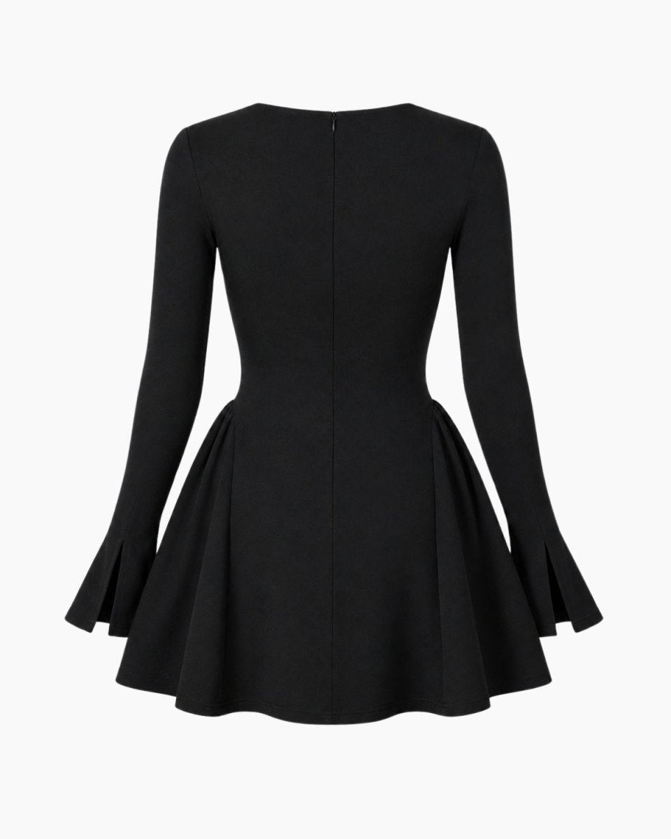 A black long-sleeve dress with a fitted bodice, flared skirt, and flared cuffs, shown from the back on a plain white background.