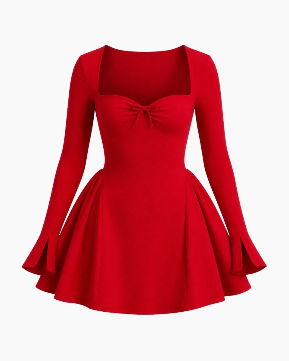 A bright red long-sleeve dress with a square neckline, sweetheart-style bust, gathered bow detail at the chest, and a flared skirt with ruffled cuffs, shown on a plain light background.