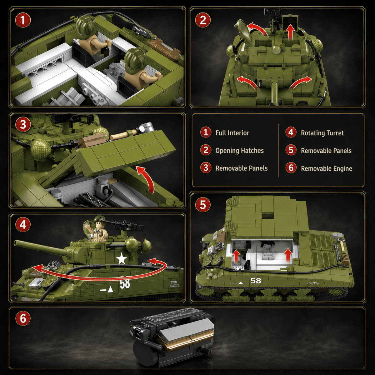 Instruction manual collage showing how to build and operate a military tank building block set, with six numbered panels demonstrating interior views, turret rotation, removable panels, and a small black storage box.