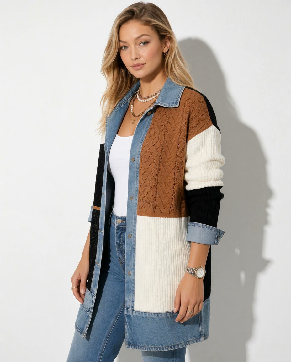 Schräge Vorderansicht der mehrfarbigen Paulina Patchworkjacke mit Denimrevers am Model.