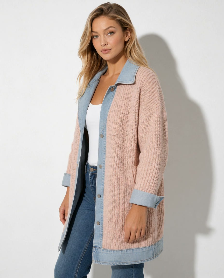 Schräge Vorderansicht der rosafarbenen Paulina Strickjacke mit Denimkragen am Model.