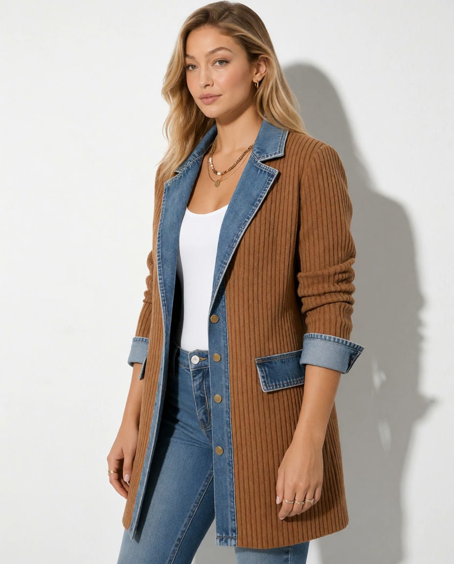Schräge Vorderansicht der camelbraunen Paulina Rippstrickjacke mit Denimdetails am Model.