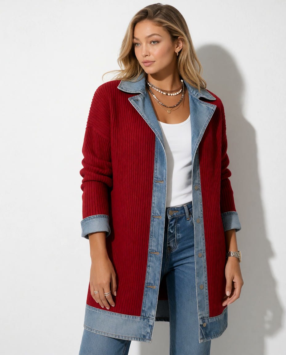 Schräge Vorderansicht der roten Paulina Strickjacke mit Denimdetails am Model.