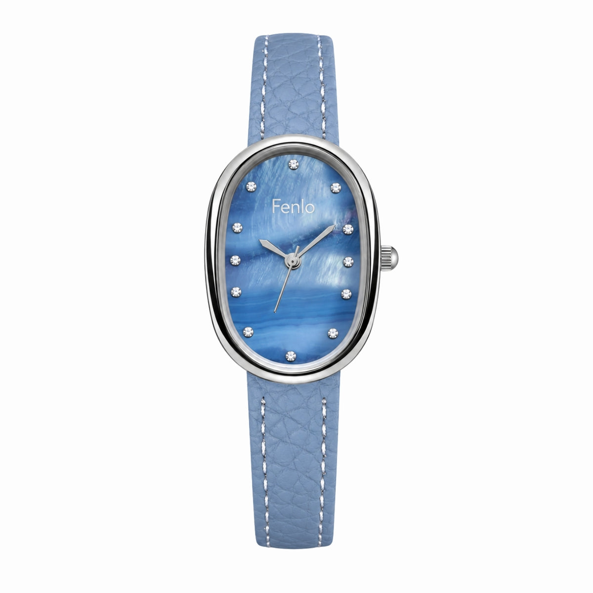 A women's oval wristwatch by Fenlo featuring a textured light blue leather strap and a blue mother-of-pearl dial with crystal hour markers, shown against a plain white background.