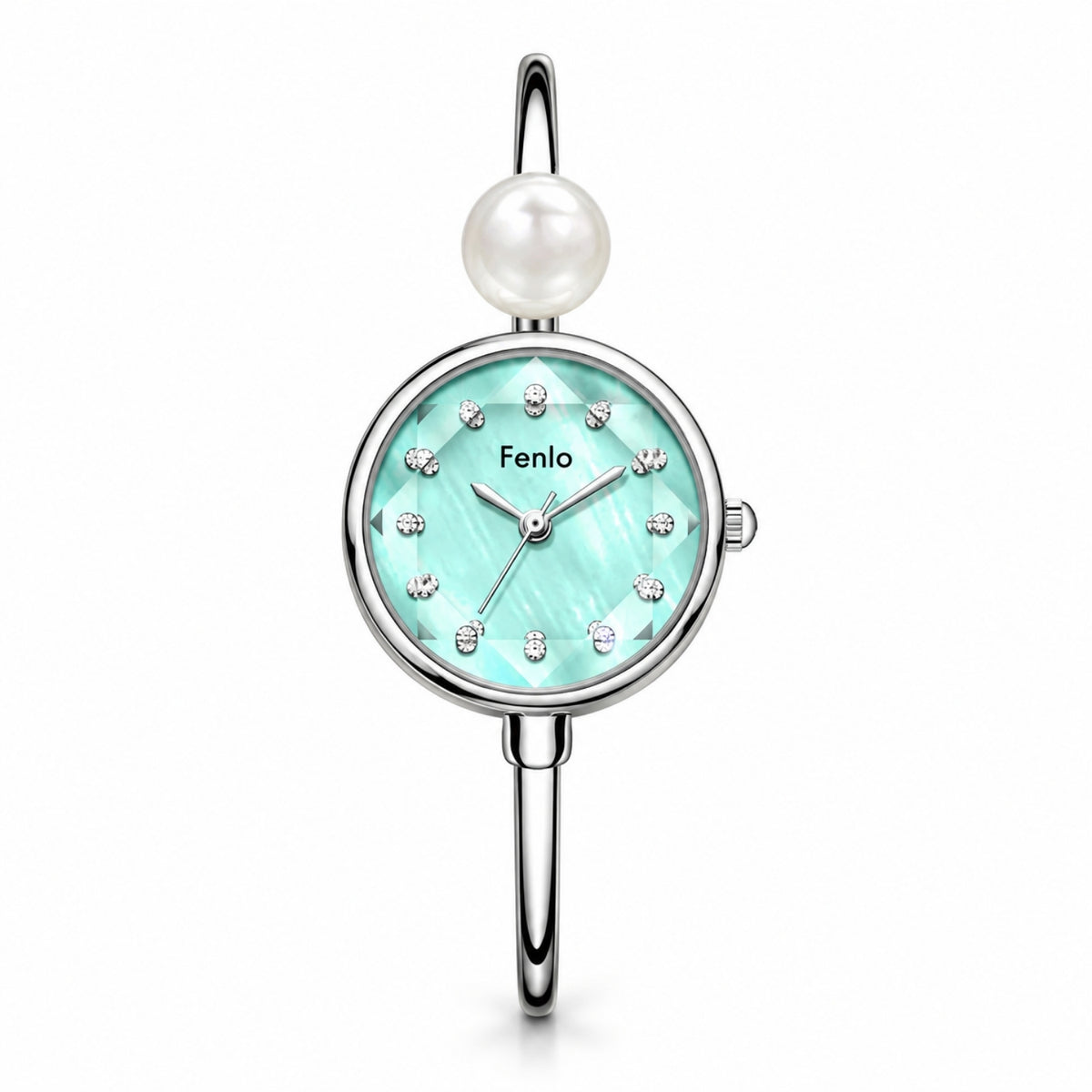 A women's bangle watch by Fenlo featuring a round silver-tone case, a light aqua mother-of-pearl dial with crystal hour markers, a white pearl at the top, and a polished silver-tone band.