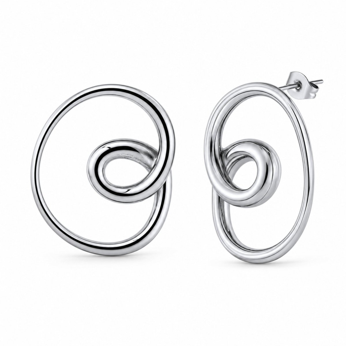 Front and angled side view of silver loop knot stud earrings on a clean white background, highlighting the secure butterfly push back closure.