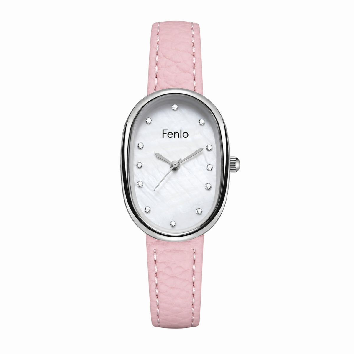 A women's oval wristwatch with a light pink textured leather strap, a silver-tone case, and a white mother-of-pearl dial with crystal hour markers, branded 'Fenlo'.