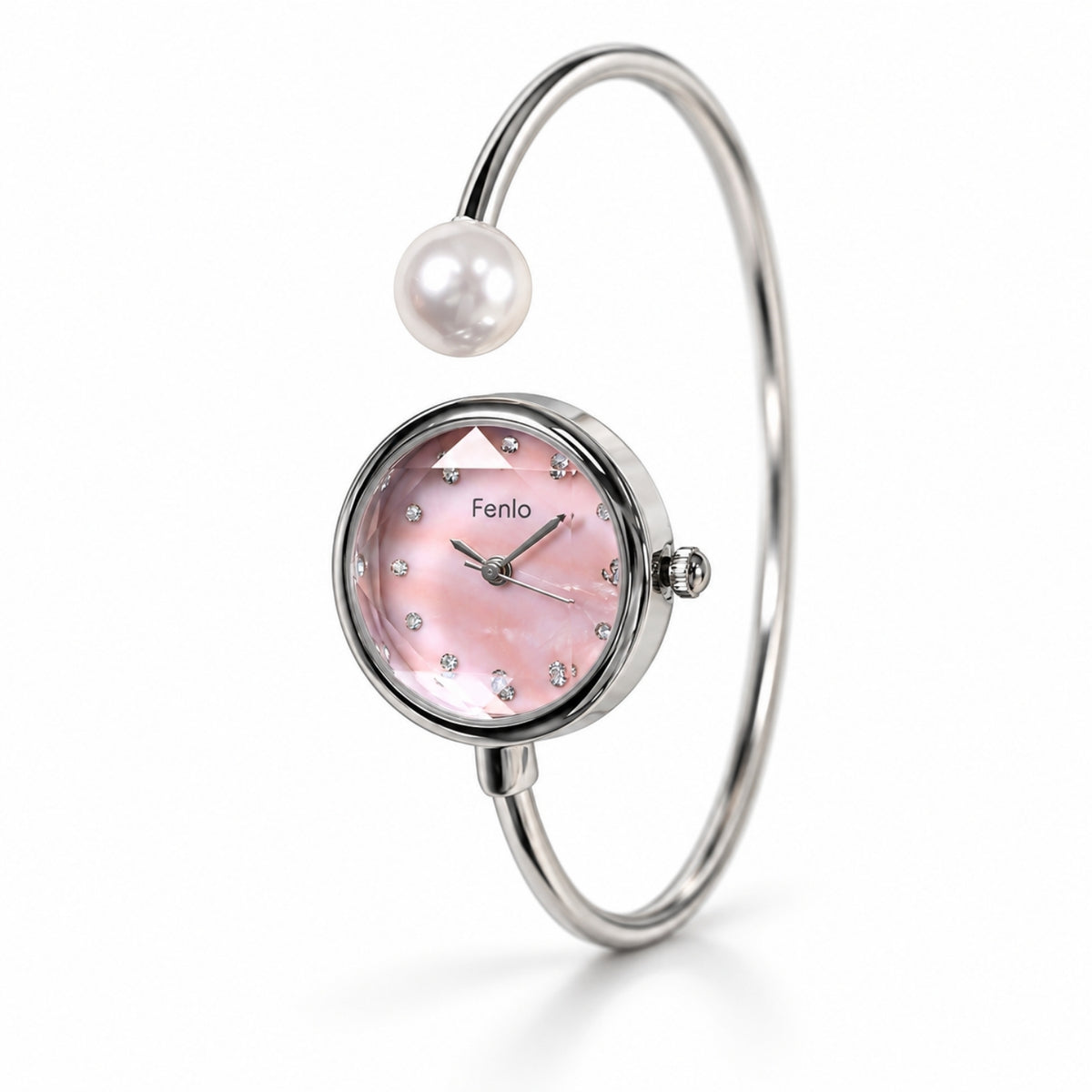 Elegant silver women's open cuff bangle watch featuring a pink mother-of-pearl dial, faceted crystal glass, and large pearl accent