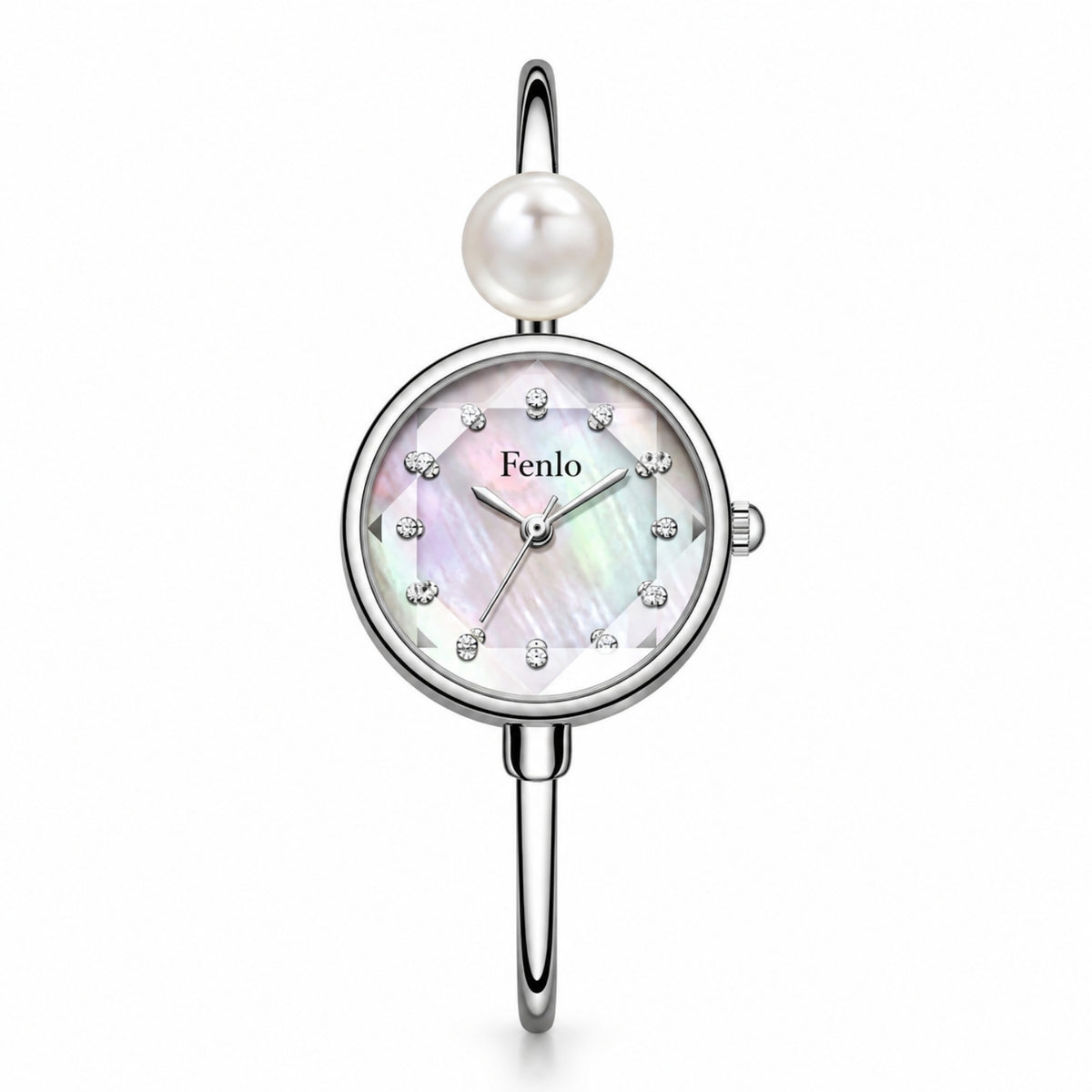 A silver-toned bangle watch with a round mother-of-pearl dial, crystal hour markers, a single pearl bead at the top, and the brand name 'Fenlo' printed on the dial, shown against a plain white background.