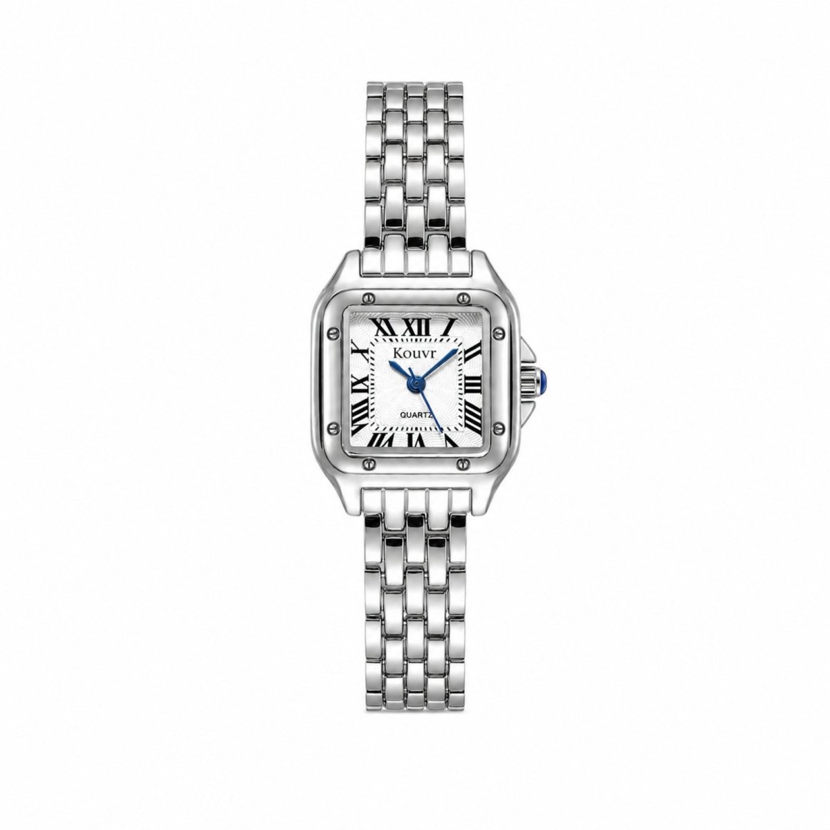 Clean front view of the minimalist Kouvr silver stainless steel women's watch with Roman numerals on a white background.