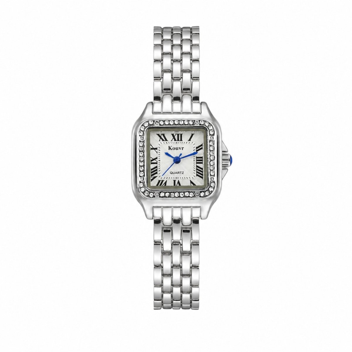 Direct front-facing view of the Kouvr silver women's watch with crystal-encrusted bezel, showing the detailed guilloché dial and blue hands.