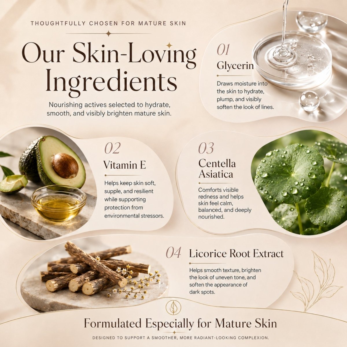 Infographic displaying skin-loving ingredients for mature skin foundation including glycerin, vitamin E, centella asiatica, and licorice root extract.