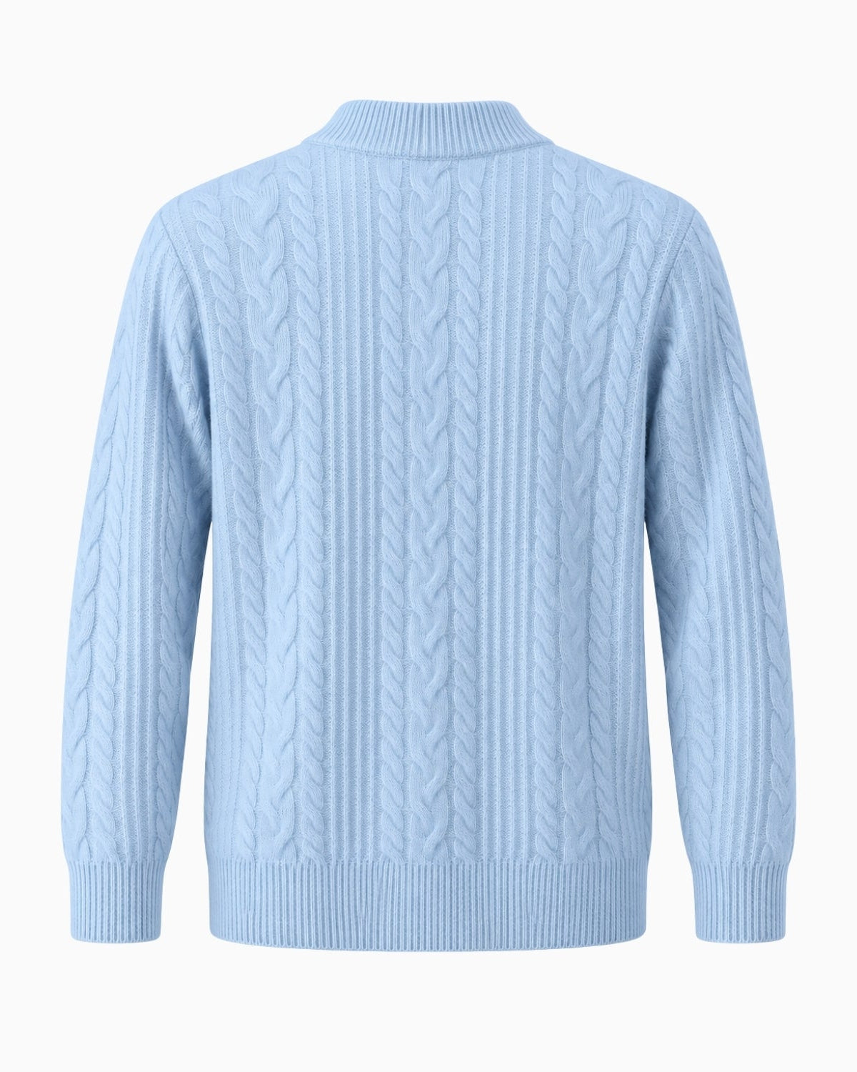 A sky blue cable-knit sweater shown from the back, featuring a mock neck, ribbed collar, cuffs, and hem, set against a plain white background.