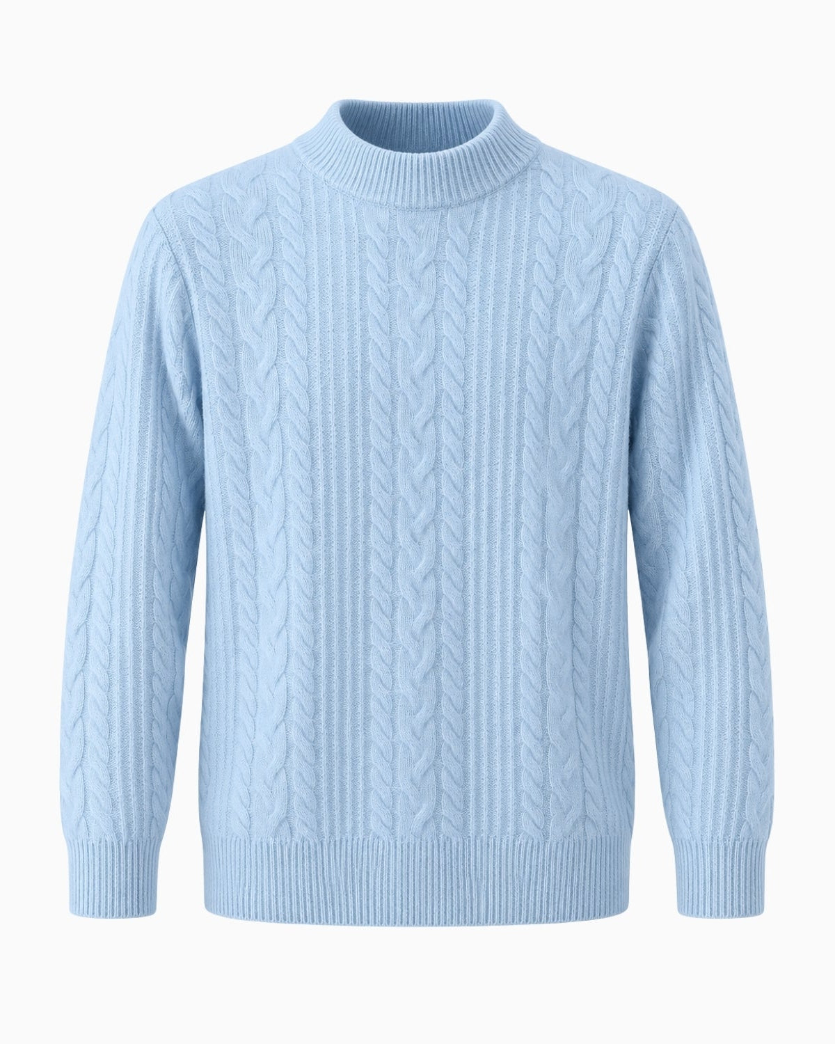A sky blue cable-knit mock neck sweater with ribbed collar, cuffs, and hem, shown on a clean white background.