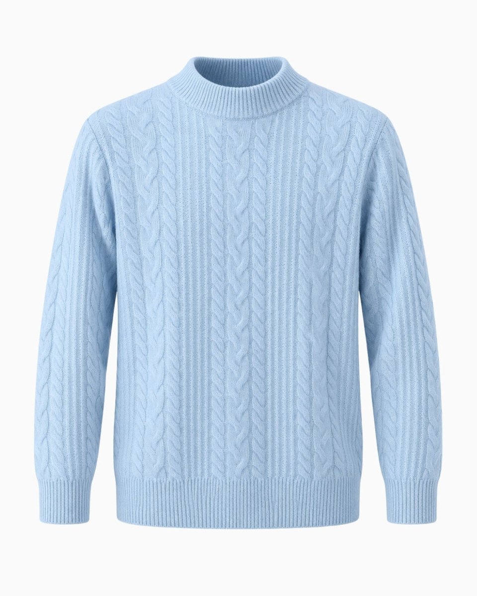 A sky blue cable-knit mock neck sweater with ribbed collar, cuffs, and hem, shown on a clean white background.