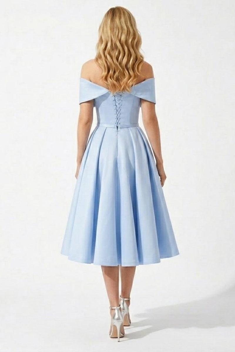 Back view highlighting the adjustable lace-up corset detail on the sky blue formal midi dress