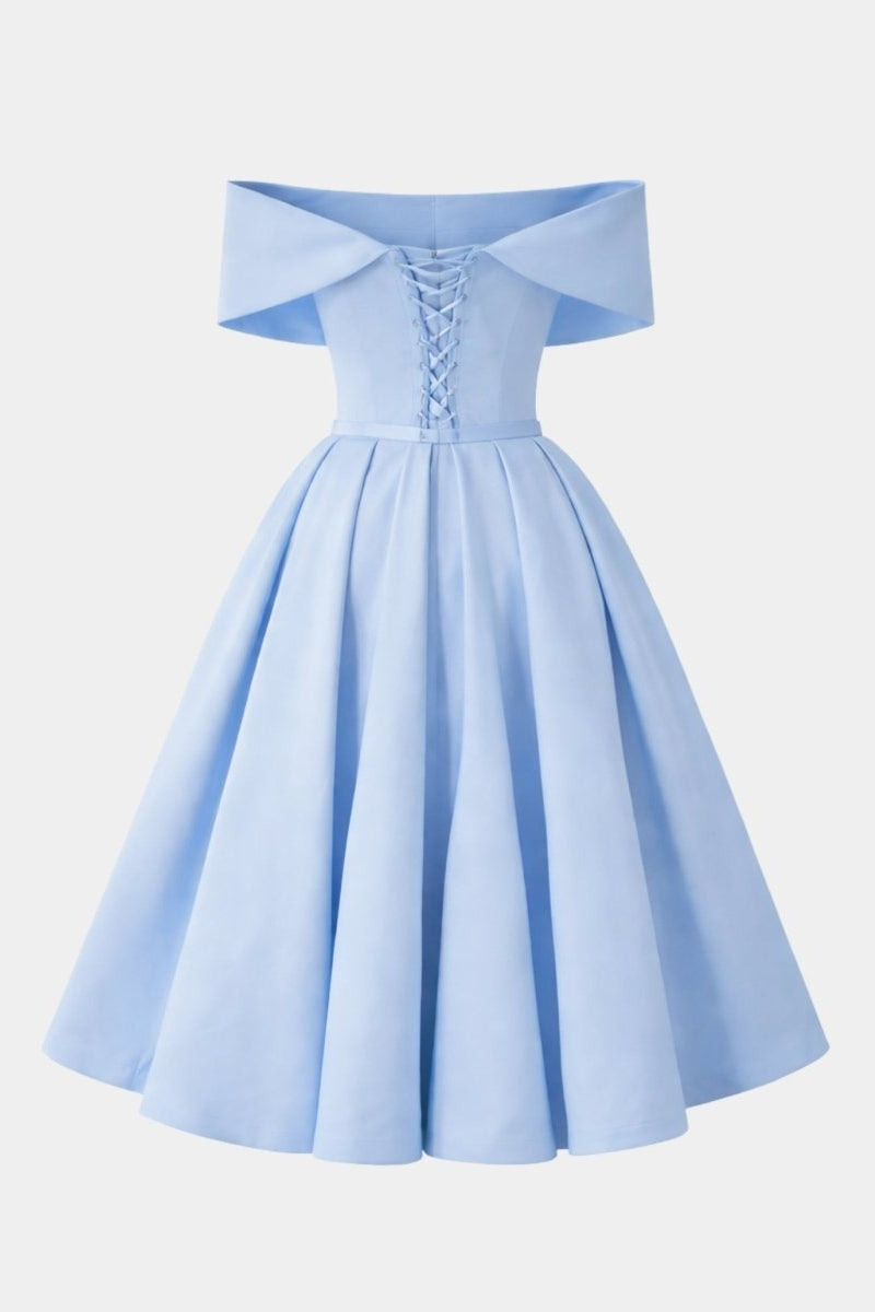 Back flat lay product shot showing corset lace up detail on sky blue A-line midi dress